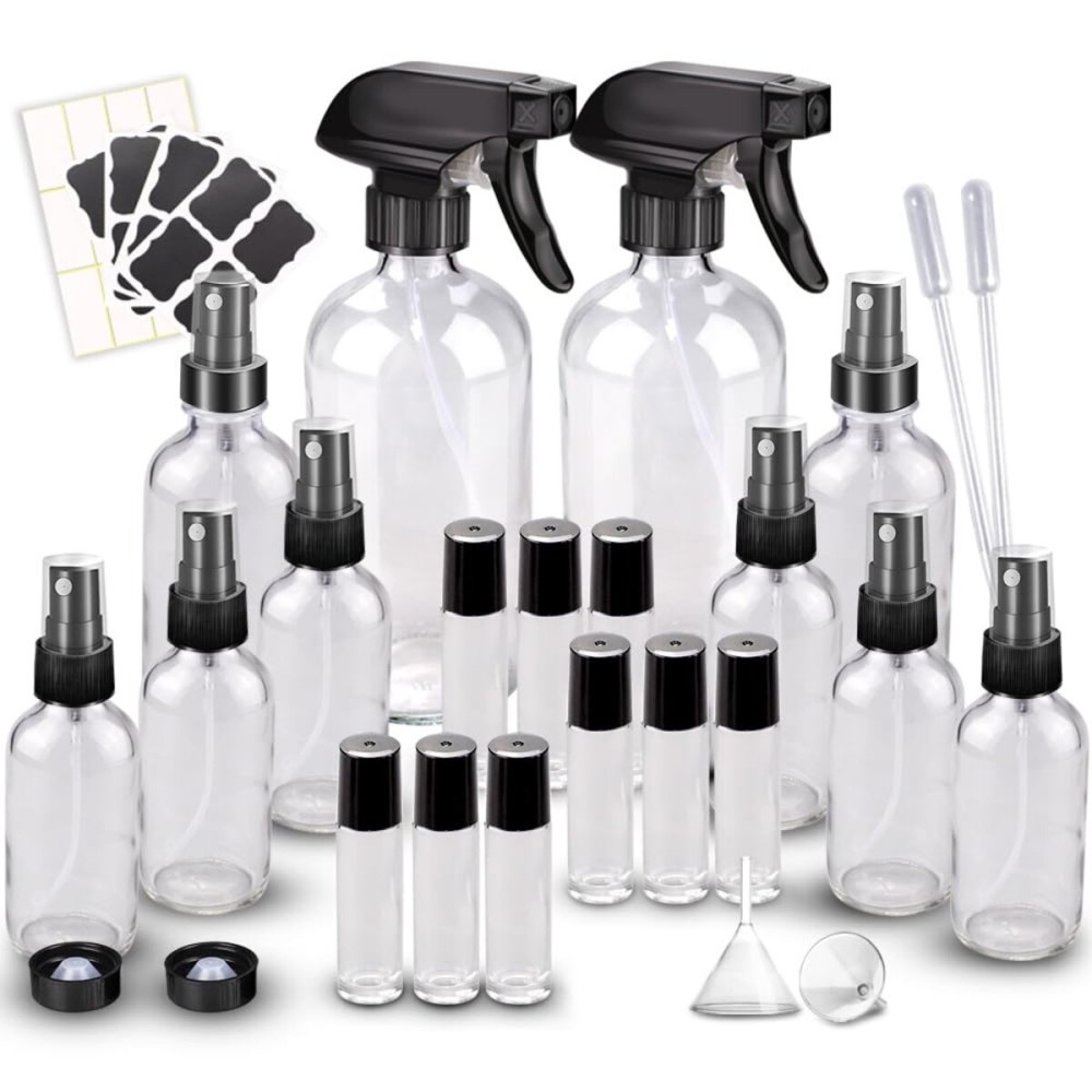 Loretoy Glass Spray Bottle Kit10 (216 oz, 24 oz, 62 oz), 910 ml Roller Bottles, Anti UV, Multi Size and Versatile, Suitable for Aromatherapy, Facial Moisturizing, Watering, etc.(Clear)