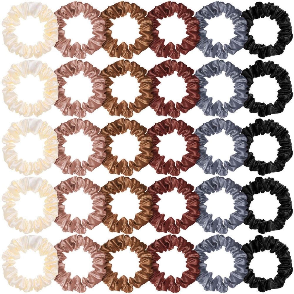 WILLBOND 30 Pcs Small Satin Silk Scrunchies Bulk for Women, Thin Hair Ties Mini Scrunchy Bands Skinny Ponytail Holders for Thick Curly Hair Pony Tails Wrist Decor(Colorful)