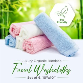 Luxury Facial Washcloths, Made from 100 Percent Rayon Bamboo, Makeup Remover, Reusable Absorbent, Gentle for Delicate Sensitive Skin, Set of 6, 10X10 (White)