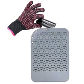 Heat Resistant Glove with Silicone Bump Mat for Curling Iron, Hair Straightener, Flat Irons - 9 x 6.5 Food Grade Mat, Grey