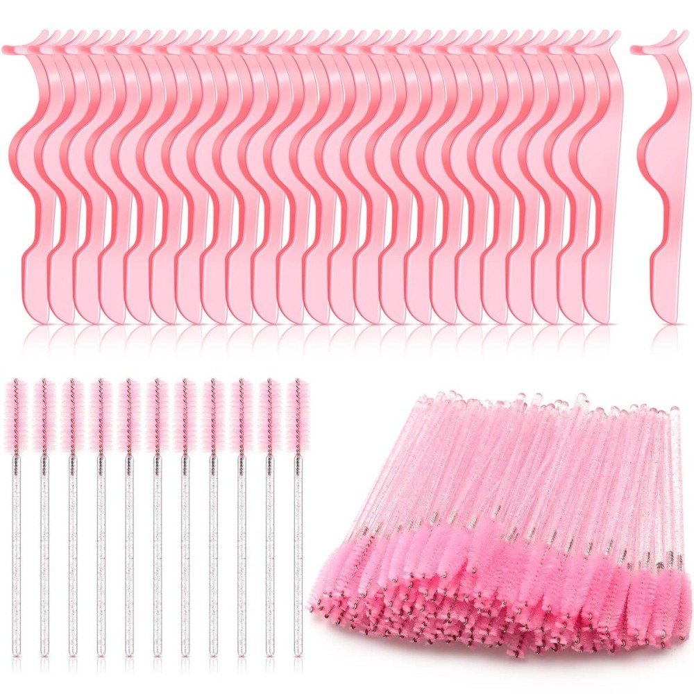 Shappy 24pc Plastic Eyelash Extension Tweezers & 100pc Eyelash Brush Mascara Wands Applicator (Pink)
