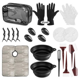 Hair Dye Kit 25 Pcs, Hair Tinting Bowl Dye Brush Ear Cover Clips Gloves Storage Bag DIY Salon Disposable Hood and gloves, Home Use Hair Coloring Bleaching Hair Dryers Hair Dye Coloring Tools Set