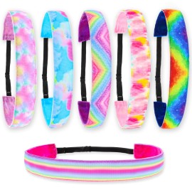 FROG SAC 6 Tie Dye Headbands for Girls - Adjustable No Slip Rainbow Head Band for Kids, Stretch Elastic Hair Bands for Toddlers, Cute Cloth Fabric Athletic Sport Hair Accessories for Children