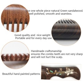 Natural Handmade Sandalwood Hair Comb, Anti-Static Hair Detangler Wooden Combs for Men,Women,Kids Fine Tooth Wood Comb (Flower drawing with free pouch)