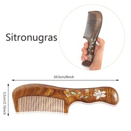 Natural Handmade Sandalwood Hair Comb, Anti-Static Hair Detangler Wooden Combs for Men,Women,Kids Fine Tooth Wood Comb (Flower drawing with free pouch)