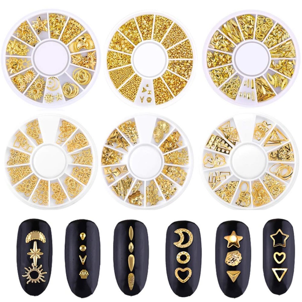 Beuniar Nail Micro Beads Studs 3D Nails Supply Gold Art Decorations Charms Metal 6 Boxes Star Moon Heart Triangle Square Rivet for Fingernails & Toenails Decor