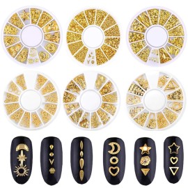 Beuniar Nail Micro Beads Studs 3D Nails Supply Gold Art Decorations Charms Metal 6 Boxes Star Moon Heart Triangle Square Rivet for Fingernails & Toenails Decor