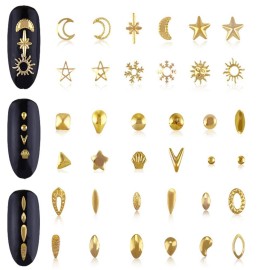Beuniar Nail Micro Beads Studs 3D Nails Supply Gold Art Decorations Charms Metal 6 Boxes Star Moon Heart Triangle Square Rivet for Fingernails & Toenails Decor