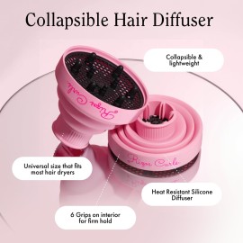 Rizos Curls Collapsible Hair Diffuser, Dry Curls Evenly & Faster, Enhances Curl Definition, Volume, and Minimize Frizz, Universal Size Fits Most Hair Dryers, Pink