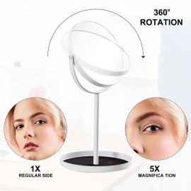 Ettori Makeup Mirror Dual Sided Vanity Mirror, 1X and 5X Magnification, 360 Swivel Round Mirror, No Light, White Ettori Makeup Mirror Dual Sided Vanity Mirror, 1X and 5X Magnification, 360 Swivel Round Mirror, No Light, White
