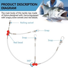 YOTO Fishing Leaders,Saltwater Tackle Rig with Swivels Snap, High-Strength Fishing Wire Gear Equipment for Lures Bait Or Hooks,1Arm and 2Arm