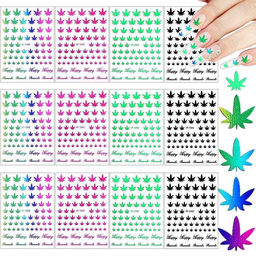 12 Sheets Colorful Leaf Nail Decals - Self-Adhesive Pot Leaves Nail Stickers for Women