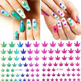 12 Sheets Colorful Leaf Nail Decals - Self-Adhesive Pot Leaves Nail Stickers for Women
