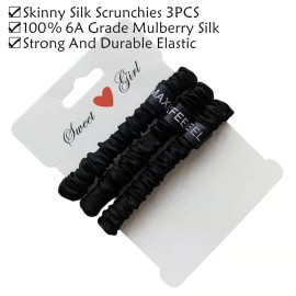 MAXFEEL 100% Pure Muberry Silk Hair Scrunchie Small Silk Scrunchy Skinny Hair Ties No Damage Elastic Scrunchies Holder For Breakage Prevention Black 3 Pack