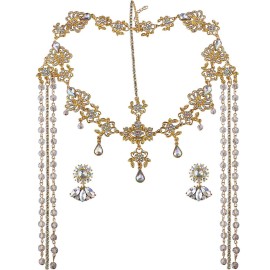 CROWN GUIDE Bridal Headband and Earrings Crystal Jewelry Set Wedding Headpiece for Women Brides Tiara Rhinestone Hair Accessories Gold