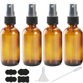 YUNFOOK 4 oz Amber Glass Spray Bottles for Essential Oils, Small Empty Fine Mist Spray Bottle,4 Pack with Funnel Dropper