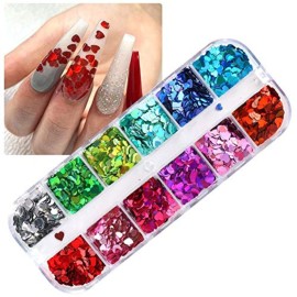 Heart Nail Art Glitter Sequins Heart Valentines Nail Art Sticker Decals Laser Love Heart Glitter Flakes for Manicure Make Up DIY Nail Decoration