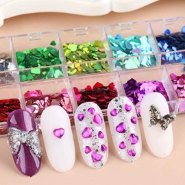 Heart Nail Art Glitter Sequins Heart Valentines Nail Art Sticker Decals Laser Love Heart Glitter Flakes for Manicure Make Up DIY Nail Decoration