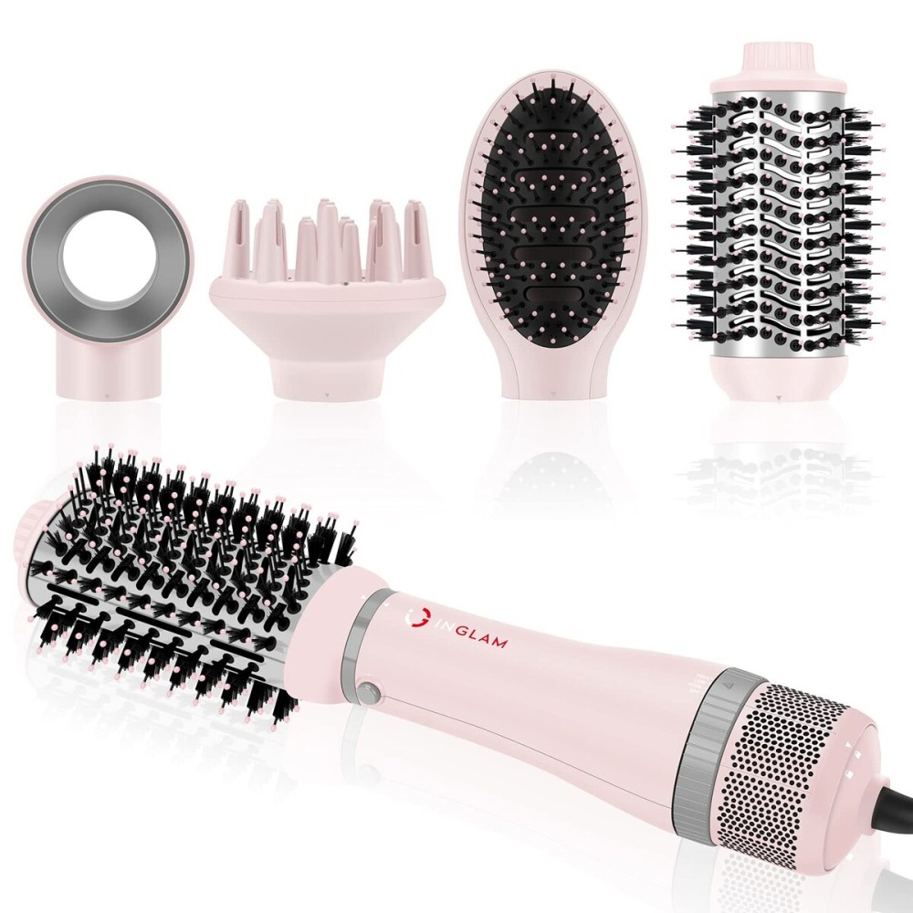 IG INGLAM 4 in 1 Blowout Hair Dryer Brush Set - Negative Ion Detachable Hair Dryer, Volumizer Styler with 2 Brush Heads, Pink