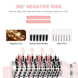 IG INGLAM 4 in 1 Blowout Hair Dryer Brush Set - Negative Ion Detachable Hair Dryer, Volumizer Styler with 2 Brush Heads, Pink