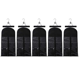 5pcs Wig Storage Bags with 5pcs Wooden Hangers Hair Extensions Carrier Holder Dustproof Case Pouch Beauty Hair Salon Organizer for Daily Use & Travel (Black Wig Bags+Black Hangers)