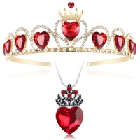 HEIKLN Descendant Gold Tiara Red Heart Crown and Necklace Rise of Red Jewelry Set Queen of Hearts Evie Costume Fan Jewelry Gift for Girls Teen Party