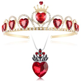 HEIKLN Descendant Gold Tiara Red Heart Crown and Necklace Rise of Red Jewelry Set Queen of Hearts Evie Costume Fan Jewelry Gift for Girls Teen Party
