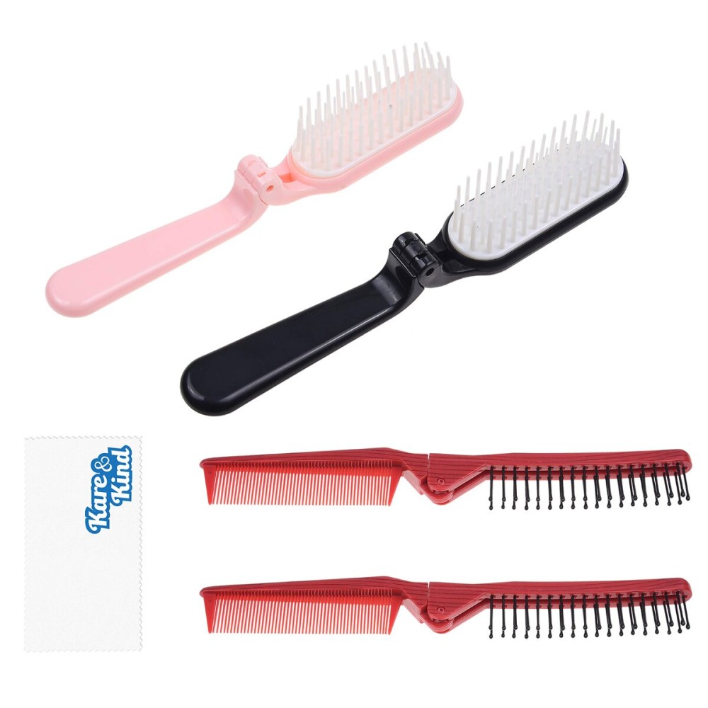 Kare & Kind 4x Foldable Hairbrush and Comb - Pocket-Sized Grooming Tool for Travel - Fine and Wide Tooth Anti-Static Comb and Brush - For Straight, Curly, Fine, Thick Hair - Home, Purse, Gym, Bag, Car Kare & Kind 4x Foldable Hairbrush and Comb - Pocket-Sized Grooming Tool for Travel - Fine and Wide Tooth Anti-Static Comb and Brush - For Straight, Curly, Fine, Thick Hair - Home, Purse, Gym, Bag, Car