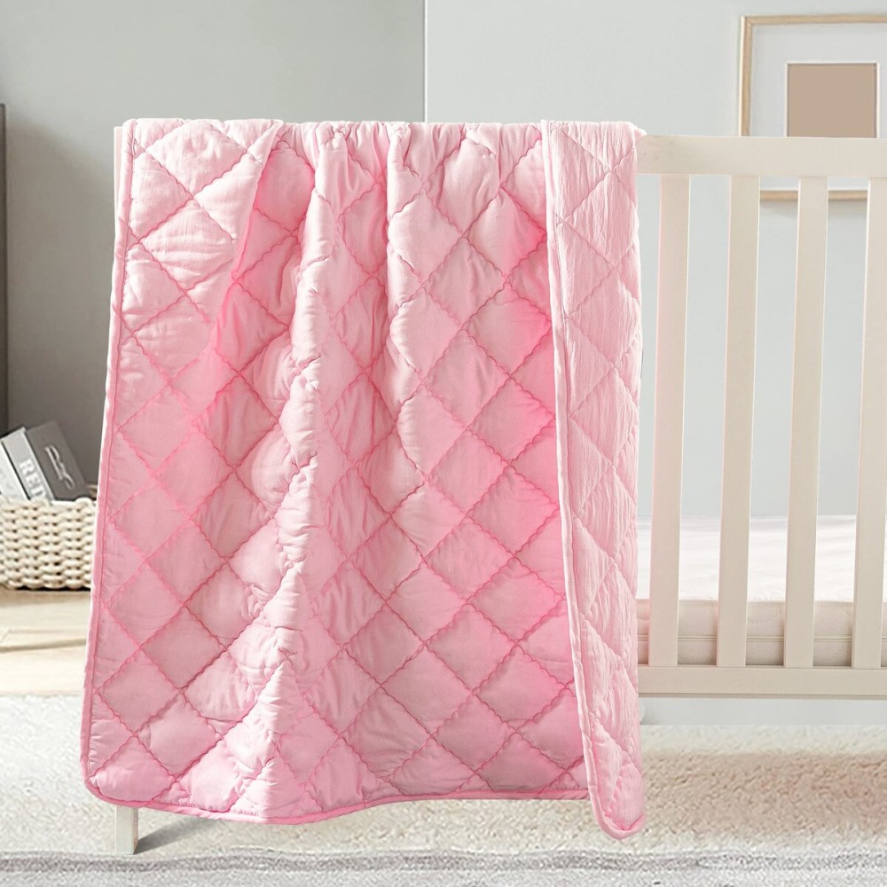 FLXXIE Machine Washable Microfiber Down Alternative Toddler Comforter, Super Soft and Lightweight Kids Crib Quilted Blanket for Stroller, Travel, 39x47 Inches, Pink