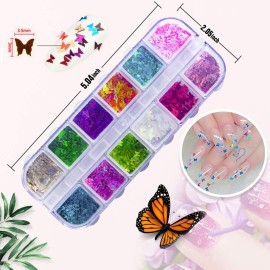 JOYJULY 3D Holographic Butterfly Nail Glitter - 24 Color Set Sequins Laser Acrylic Paillettes for Nail Art Decoration & DIY Crafting