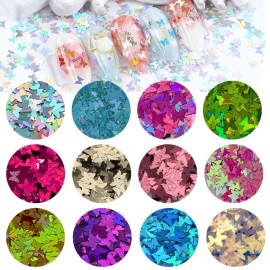 JOYJULY 3D Holographic Butterfly Nail Glitter - 24 Color Set Sequins Laser Acrylic Paillettes for Nail Art Decoration & DIY Crafting