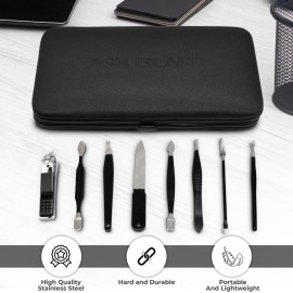 ASH ISLAND Nail Clippers Set - Black Stainless 12 in 1 For Men And Women Manicure Pedicure Travel Kit Luxury Nail File Sharp Nail Scissors Fingernails Toenails with Portable Stylish Case
