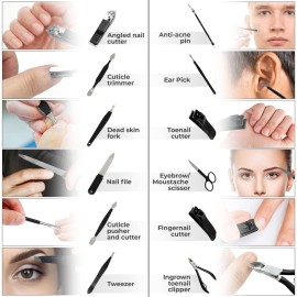 ASH ISLAND Nail Clippers Set - Black Stainless 12 in 1 For Men And Women Manicure Pedicure Travel Kit Luxury Nail File Sharp Nail Scissors Fingernails Toenails with Portable Stylish Case