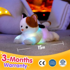 Glow Guards Light up Calico Cat Stuffed Animal LED Soft Kitty Plush Toy Pillow with Night Lights Lullaby Birthday Children\'s Day Gifts for Toddler Kids, 15\'\'