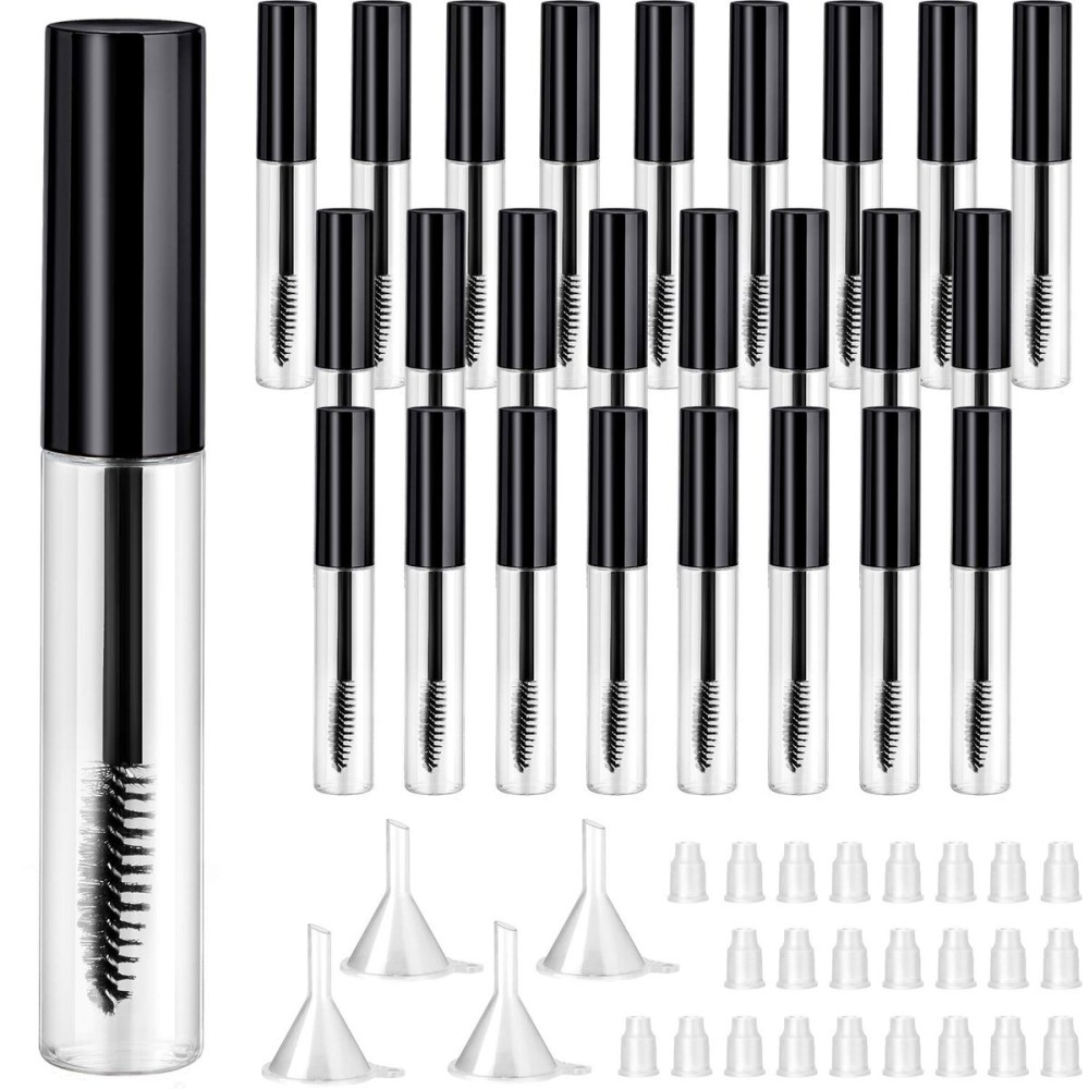 25 Pieces 10 ml Empty Mascara Tubes Wand Empty Eyelash Bottle Clear Refillable Mascara Container with 4 Pieces Funnels Transfer Pipettes for Castor Oil and DIY Cosmetics(Black)