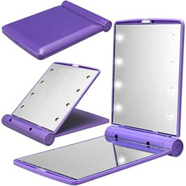 Makeup Cosmetic Folding Portable Compact Pocket Travel Mirror with 8 LED Lights Lamps (Purple)