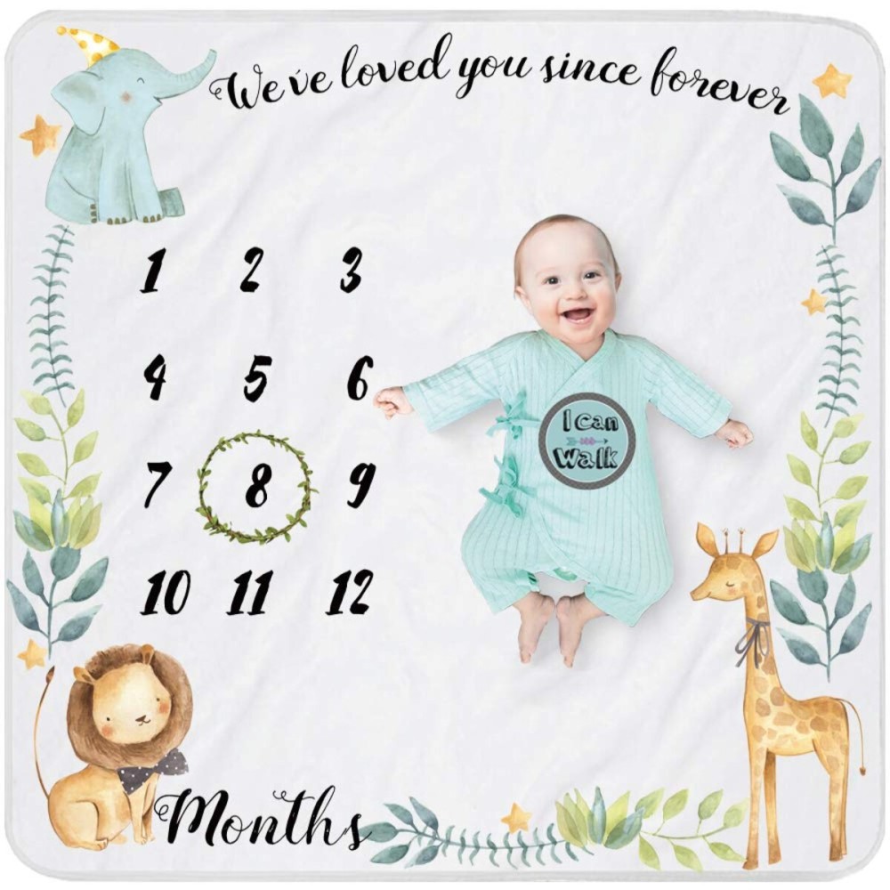 Yoothy Safari Baby Milestone Blanket for Boy & Girl, Gift for Baby Shower, Photo Blanket, Wreath & 12 Stickers Included, Soft Flannel, Elephant & Lion 40\'\'x 40\'\'
