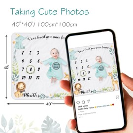 Yoothy Safari Baby Milestone Blanket for Boy & Girl, Gift for Baby Shower, Photo Blanket, Wreath & 12 Stickers Included, Soft Flannel, Elephant & Lion 40\'\'x 40\'\'