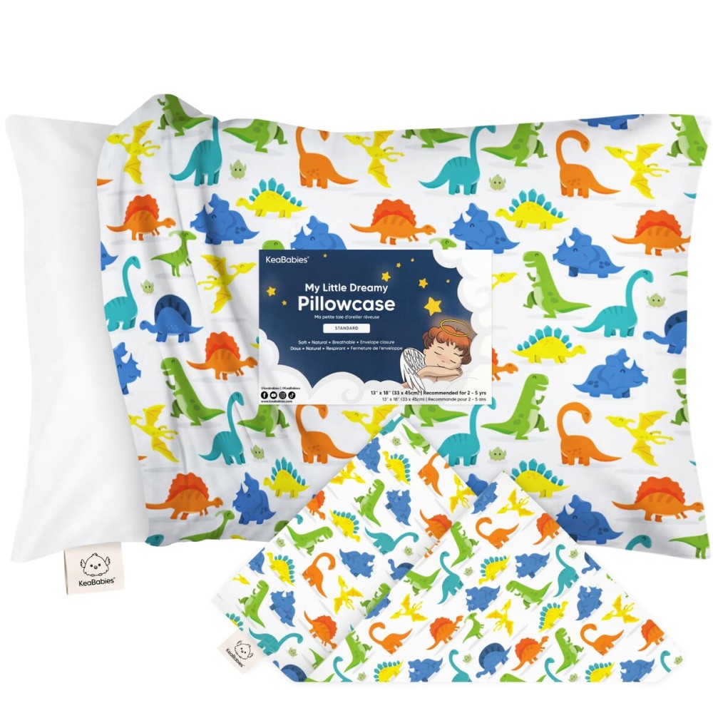 KeaBabies Toddler Pillowcase 13x18 - Organic Cotton Toddler Pillowcase for Kids, Boys, Girls, Soft & Durable Cotton Cover for Miniature Sleepy Pillows, Cute Colors,Pillow Sold Separately(Happy Dino)