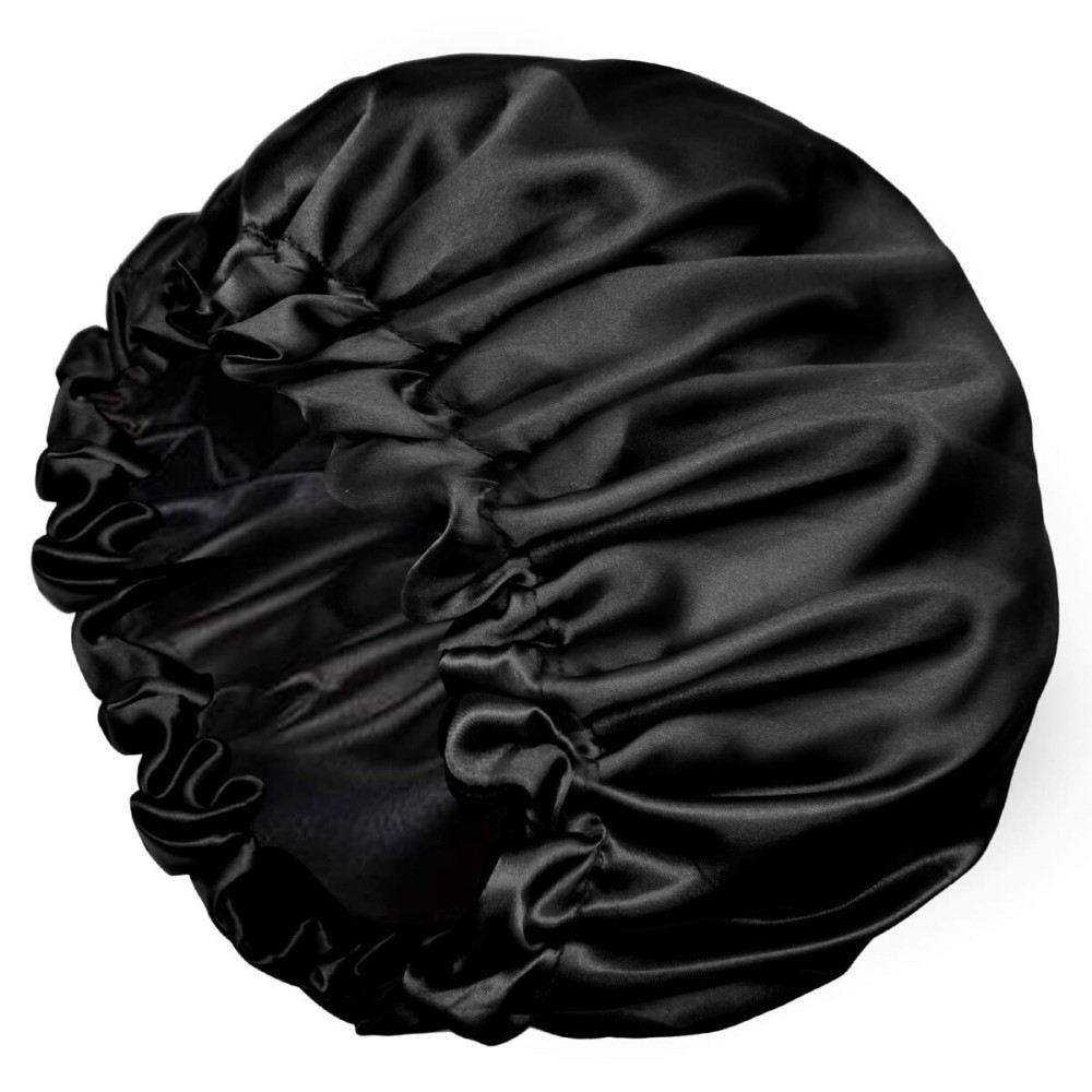 Satin Bonnets, Adjustable Satin Bonnets for Women, Double Layer Large Sleeping Silk Bonnet, Soft Sleep Bonnet for Women Girls Curly Natural Hair Night Sleep Cap(Black)