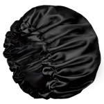 Satin Bonnets, Adjustable Satin Bonnets for Women, Double Layer Large Sleeping Silk Bonnet, Soft Sleep Bonnet for Women Girls Curly Natural Hair Night Sleep Cap(Black)