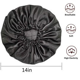 Satin Bonnets, Adjustable Satin Bonnets for Women, Double Layer Large Sleeping Silk Bonnet, Soft Sleep Bonnet for Women Girls Curly Natural Hair Night Sleep Cap(Black)