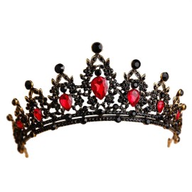 Baroque Bride Crowns Black Rhinestones Gothic Chic Tiaras Vintage Crystal Queen Princess Crown Headpieces Headband for Wedding Prom Halloween Pageant (Red)