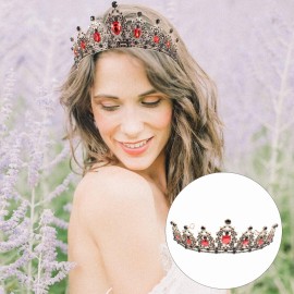Baroque Bride Crowns Black Rhinestones Gothic Chic Tiaras Vintage Crystal Queen Princess Crown Headpieces Headband for Wedding Prom Halloween Pageant (Red)