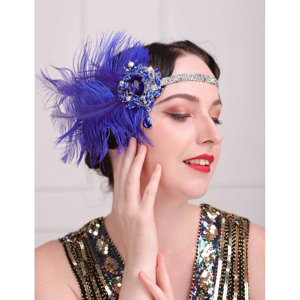 Aimimier 1920s Flapper Feather Headband Royal Blue Sapphire Headpiece with Sparkling Crystal Head Chain Masquerade Hair Accessories for Women