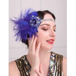 Aimimier 1920s Flapper Feather Headband Royal Blue Sapphire Headpiece with Sparkling Crystal Head Chain Masquerade Hair Accessories for Women