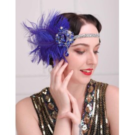 Aimimier 1920s Flapper Feather Headband Royal Blue Sapphire Headpiece with Sparkling Crystal Head Chain Masquerade Hair Accessories for Women