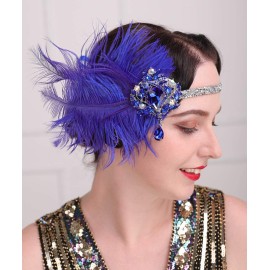 Aimimier 1920s Flapper Feather Headband Royal Blue Sapphire Headpiece with Sparkling Crystal Head Chain Masquerade Hair Accessories for Women