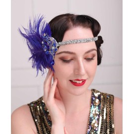 Aimimier 1920s Flapper Feather Headband Royal Blue Sapphire Headpiece with Sparkling Crystal Head Chain Masquerade Hair Accessories for Women