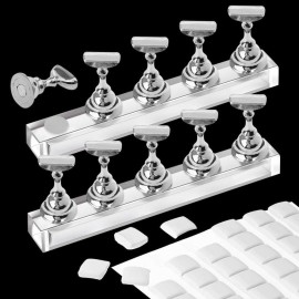 Kalolary 2 Set Acrylic Nail Stand for Painting Nails Press On, Fake Nail Tip Holders Magnetic Practice Stands with White 96 Pcs Reusable Adhesive Putty for Nail Art DIY(Silver)